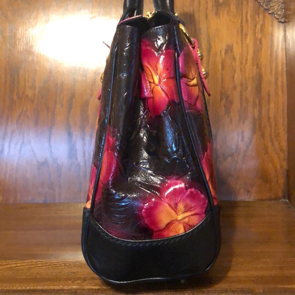 NWT-Marino Orlandi-Embossed Leather Satchel-Black-Tropical 🌺 Flowers-Italian 🇮🇹 - Picture 7 of 16